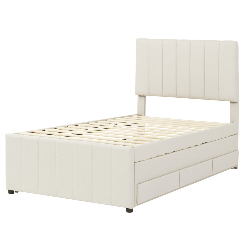 Beige Linen Twin Upholstered Platform Bed With Trundle And Build Drawer Storage