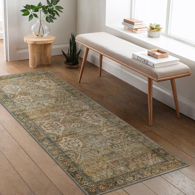 Oriental and Vintage Look Washable Area Rug, Brown/Grey, Runner 60 x 120 cm