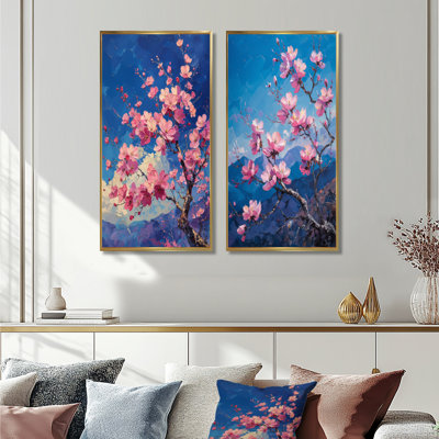 Pink Blue Cherry Blossom Tree Beauty I - Cherry Blossom Wall Art 2 Pieces Set