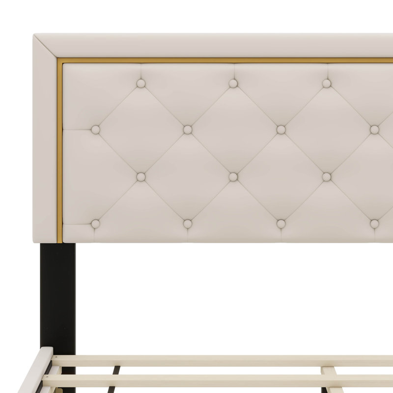 Queen Size Upholstered Platform Bed With Pull Point Headboard, Beige