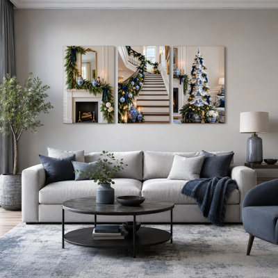 Ensemble de 3 toiles murales de Noël représentant un foyer en porcelaine bleue et blanche
