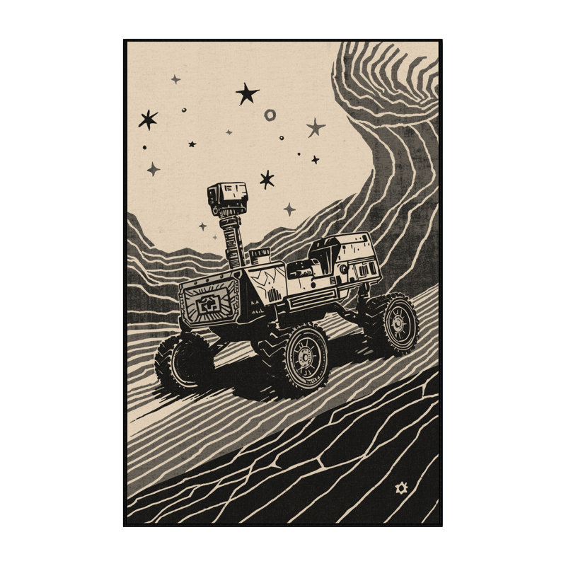 Machine Washable Vehicles And Transportation Exploration Rover Global Inspired Block Print Rug in Beige – Black Binding, 8x12