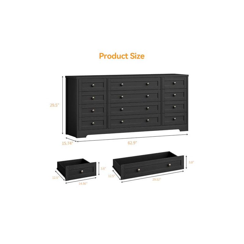 12 Drawers Wood Dressers for Bedroom, Modern Wooden Dresser for Living Room, Hallway, Entryway, Black