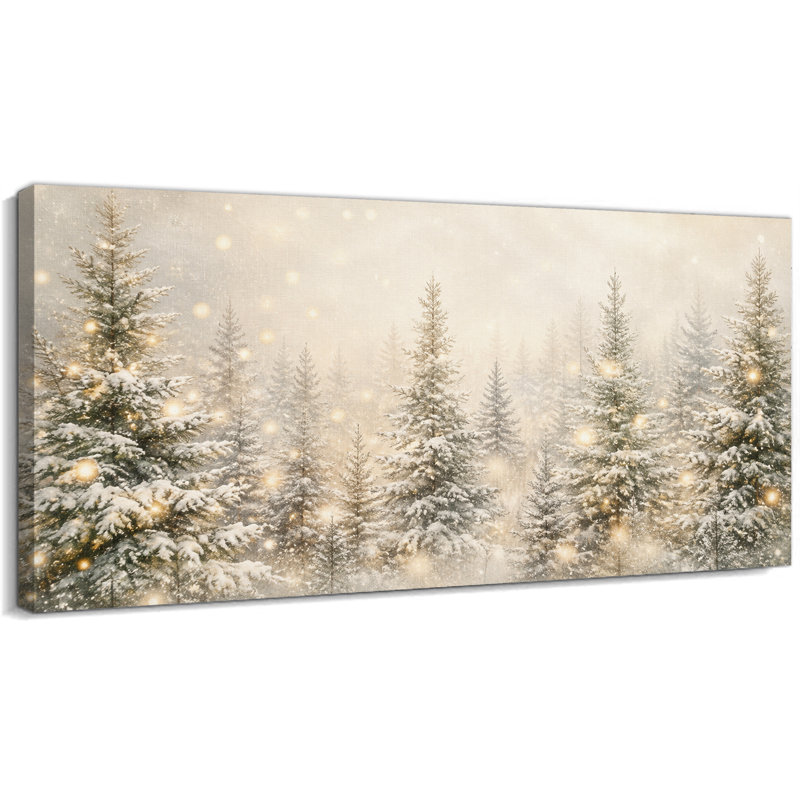 Tableau sur toile représentant un sapin de Noël et une forêt de pins enneigées (40 x 80 cm), 16 po x 32 po