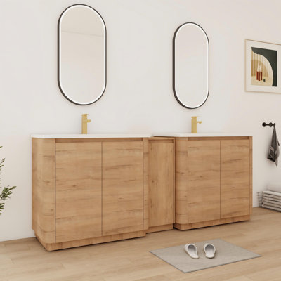 Meuble-lavabo double autoportant de 84 po avec plateau en céramique, armoire de rangement et tablettes 84 po