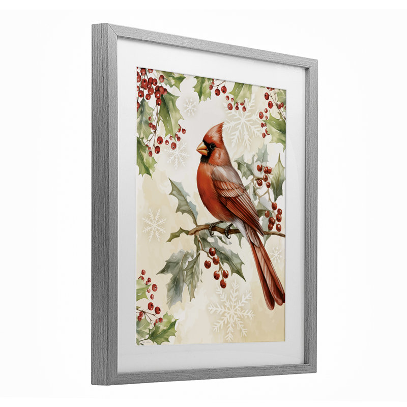 Cardinal sur une branche de houx, reproduction sous verre, conception par Nicole DeCamp, H 16 po x l 13 po