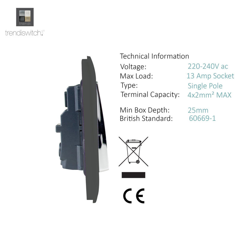 Trendi Switch 2 Gang Long Switched Plug Socket, Charcoal