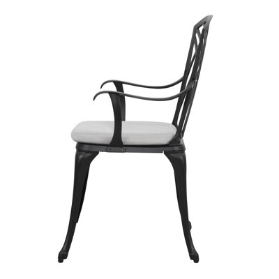Ensemble bistro de patio extérieur 5 pièces Pacha, table ronde en fonte d'aluminium de 24 pouces avec trou de parasol de 1,97 po et 2 chaises en fonte d'aluminium pour la cour, noir et gris