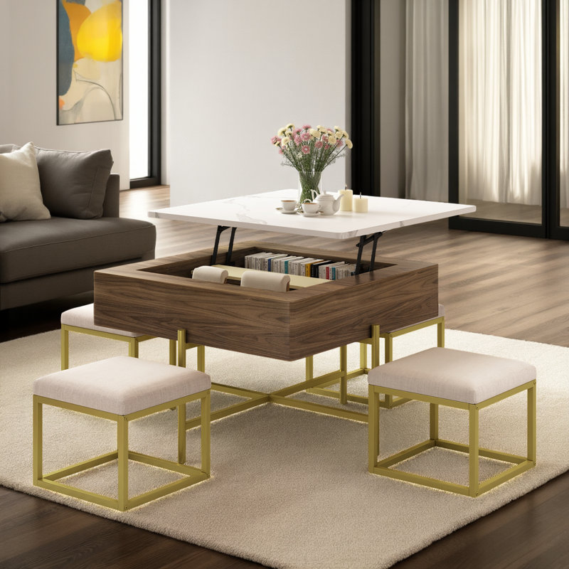 Walnut Lift-Top Coffee Table Set with Storage & 4 Ottomans
