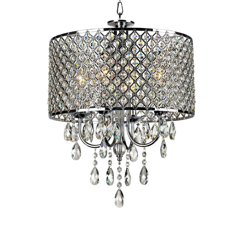 Lustre à abat-jour cylindrique avec détails en cristal à 4 lumières Danesa