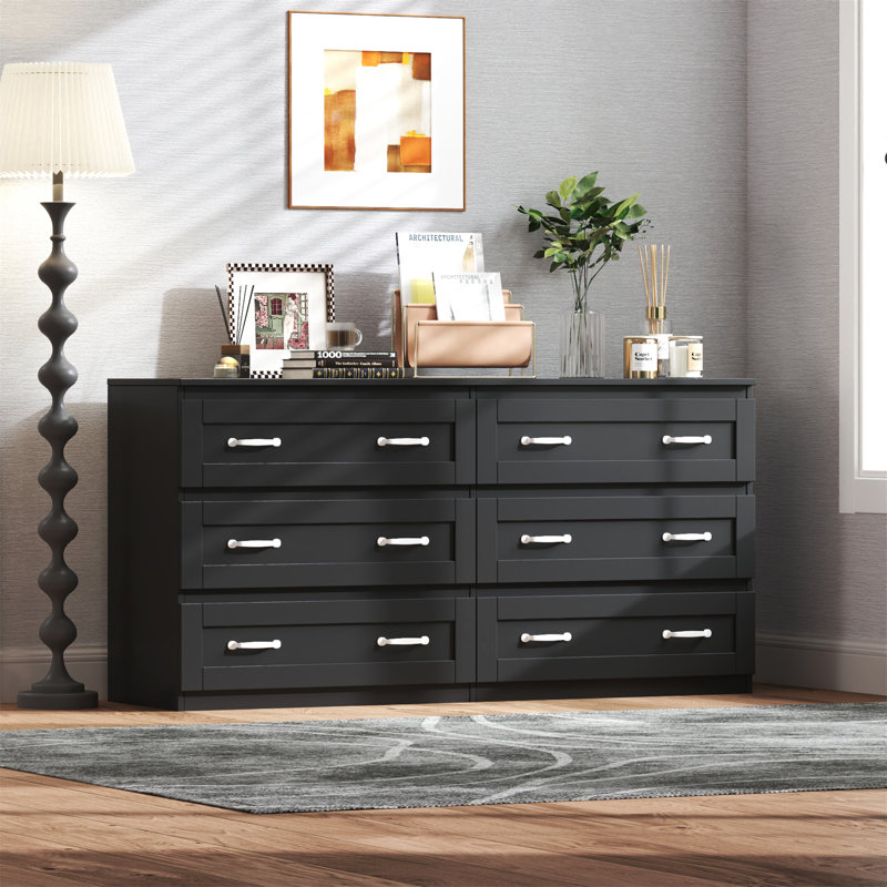 Commode d'appoint moderne noire à 6 tiroirs, Noir