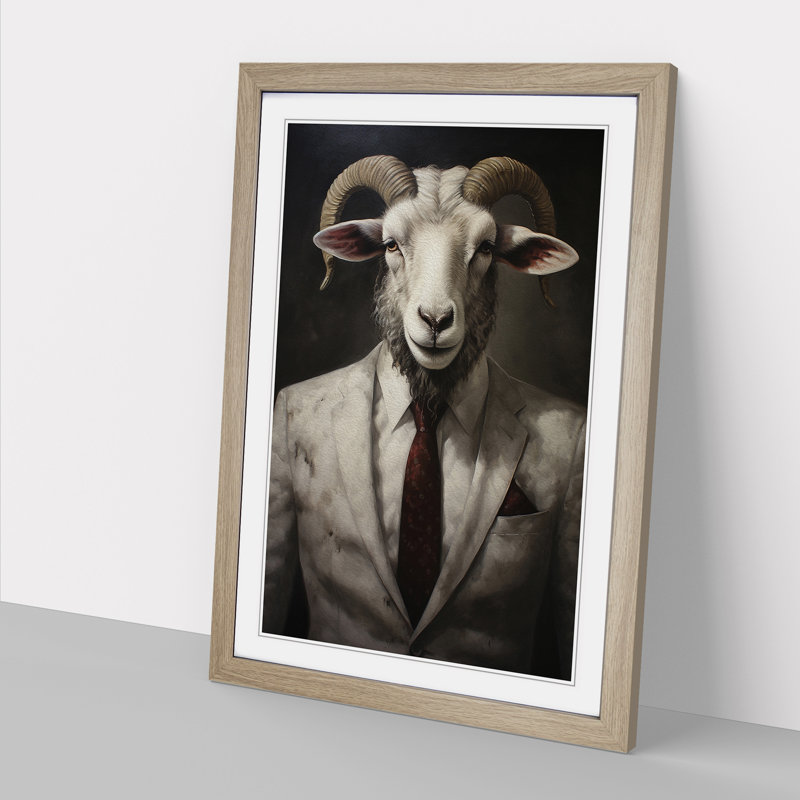 Ram Sheep in a Suit Painting No.5 - Framed Print, 64cm H x 46cm W x 2cm D, Oak