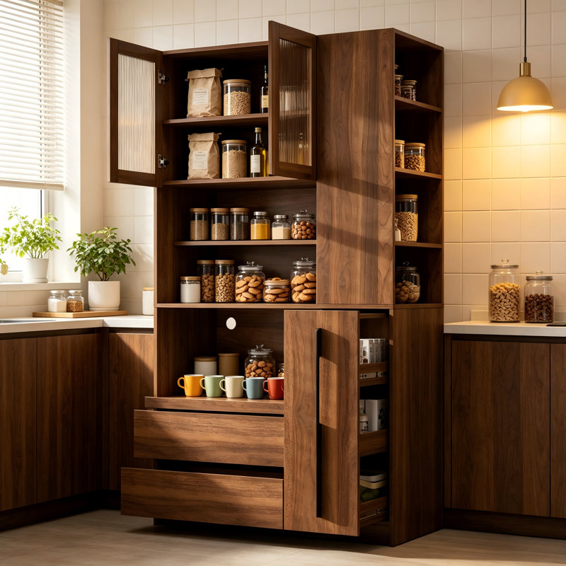 Armoire de cuisine autoportante avec support pour micro-ondes, tablettes latérales multicouches, tiroirs, portes en verre, solution de rangement tout-en-un.
