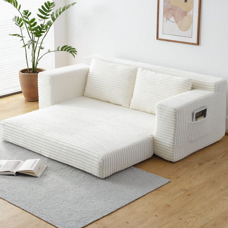 2-Seats Convertible Floor Sofa Bed With Storage Pocket, Corduroy Folding Mattress Sofa, Beige, 32.53" H x 73.02" W x 35.12" D
