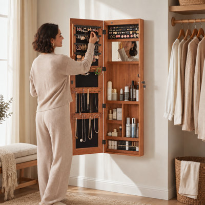 Solid Wood Jewelry Armoire Organizer Cabinet with Full-Length Mirror, 47.5x14.3 in Wall-Mounted Lockable with LED Light
