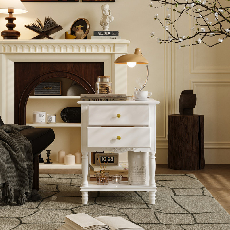 2-Drawer Nightstand With Open Shelf, Carved Floral Detail, And Turned Legs, White