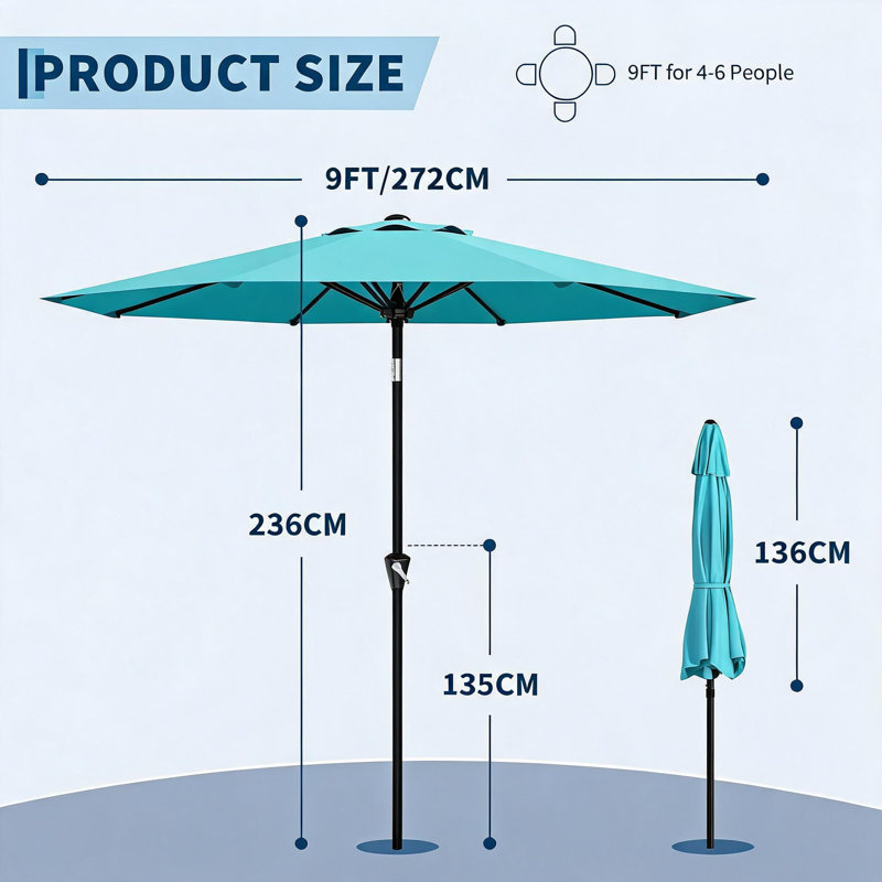 270 cm W X 270 cm D Market Parasol with Crank Lift, Blue