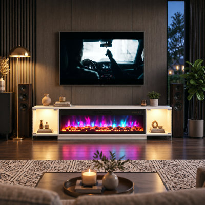 70.9" Modern Glossy White Fireplace TV Stand with Glass Display Cabinets, 3-Color LED Lighting Media Console with Adjustable Electric Fireplace