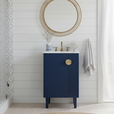 Meuble-lavabo de style français de 20 pouces avec lavabo en céramique avec porte à fermeture en douceur, poignée en demi-lune et tablette réglable