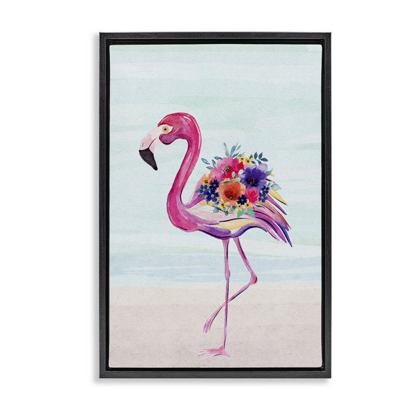 «Floral Flamingo Beach Floater Canvas» par JJ Design House LLC, Cadre flottant noir de jais, H 25 po x l 17 po