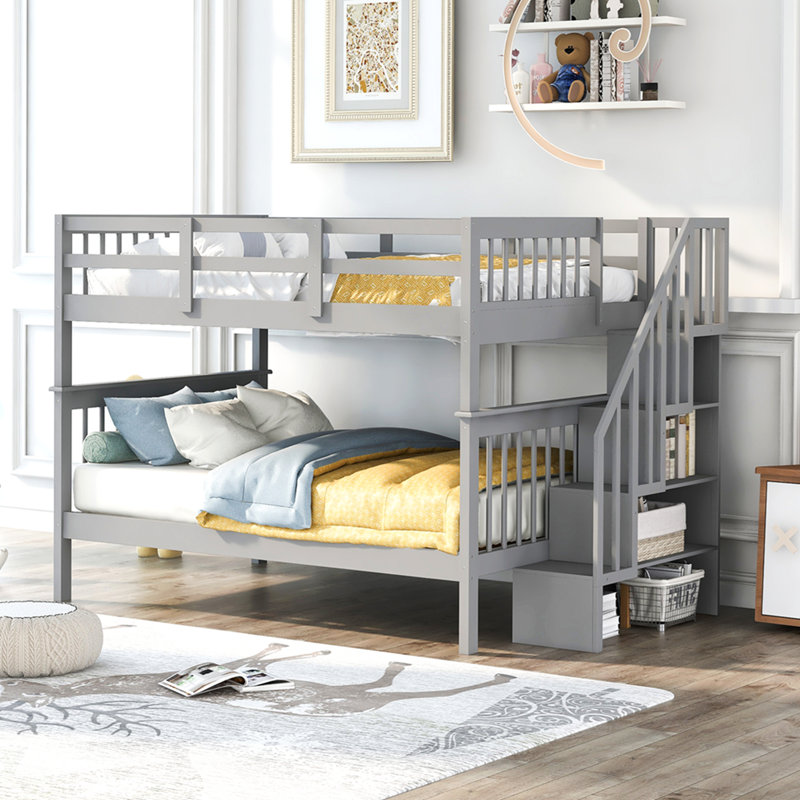 Lit superposé en escalier avec rangement et garde-corps pour chambre à coucher, dortoir, gris, Gris