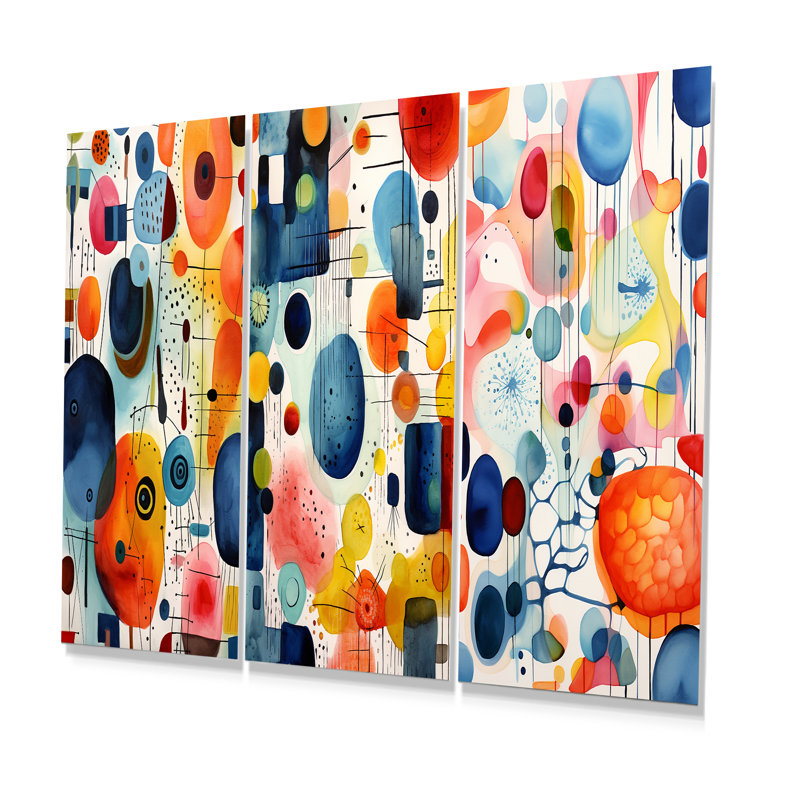 Colorful Geometric Mid Century Shapes II - Abstract Geometric Metal Prints Set Of 3, 32" H x 48" W