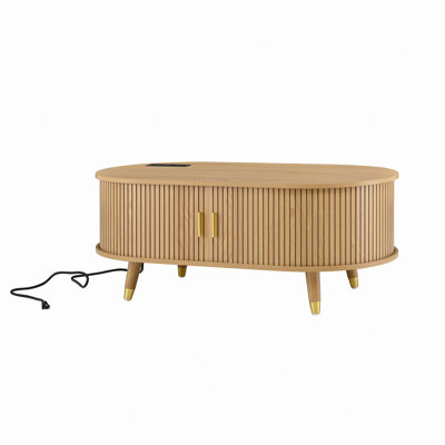 Oval Fluted Coffee Table With Charging Station, Storage Space, Sliding Tambour Door And Wooden Legs
