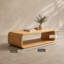 Table basse minimaliste en bois clair naturel, structure ouverte arrondie en bois massif avec rangement ouvert à 2 niveaux, table d'appoint rectangulaire basse
