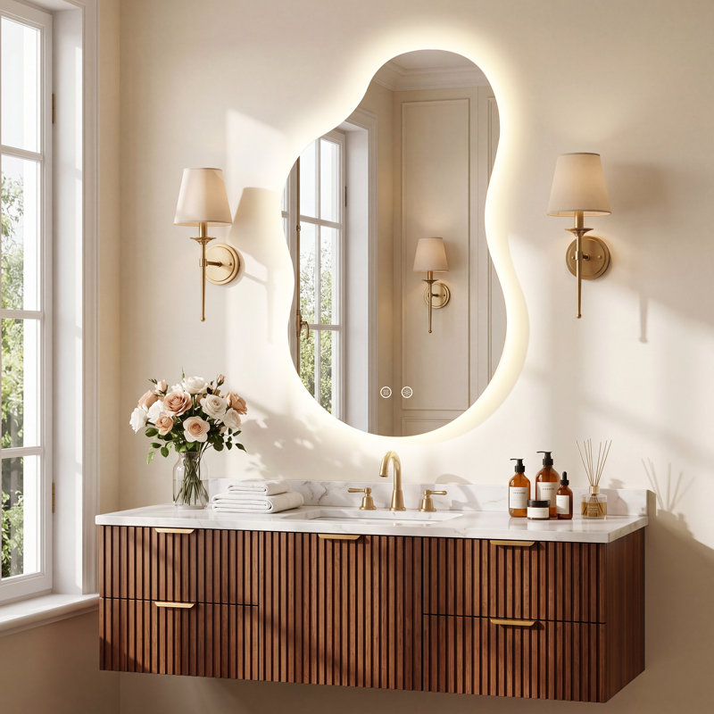 Miroir de salle de bain asymétrique certifié UL / ETL en forme de nuage avec rétroéclairage, antibuée, éclairage 3 couleurs, gradation continue, verre trempé, garantie de 3 ans