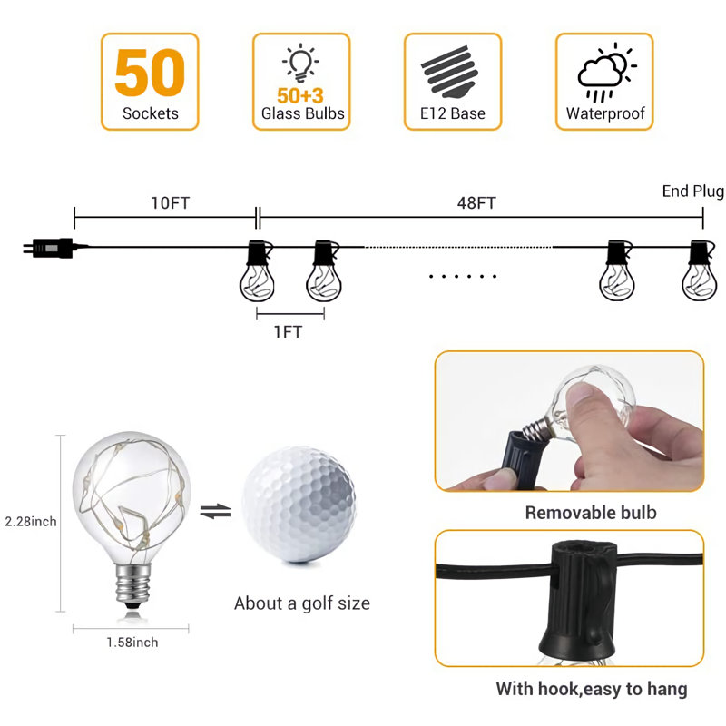 600" Outdoor String Light with 50 Globe LED Bulbs Low Voltage Shatterproof