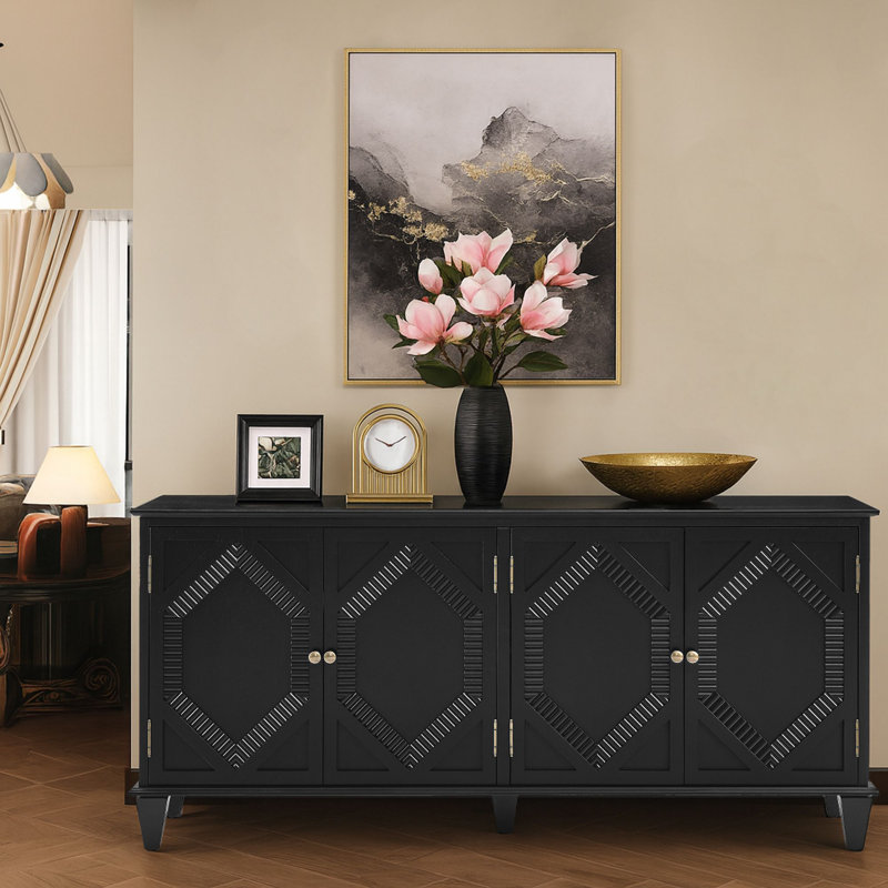 Classic Retro Wooden Four-Door Sideboard with Adjustable Internal Shelves, Black