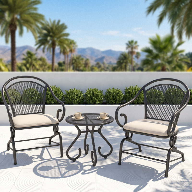 3-Piece Outdoor Bistro Set, Round 20" Metal Bistro Table With 2 Rocking Chairs & Cushions, Patio Furniture Sets For Garden, Porch, Backyard