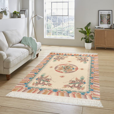Oriental Estate Celestial Dragon Cream Ivory Multicolor Hand Knot Wool Traditional Medallion Border Oriental Area Rug