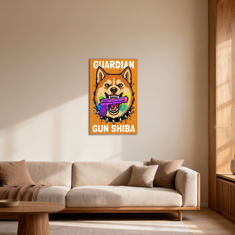 Chien Shiba avec pistolet et animaux, H 24 po x l 16 po