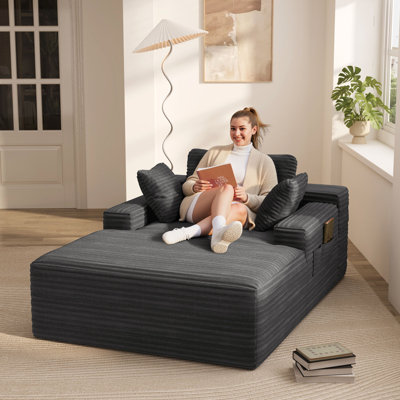 Upholstered Corduroy Sleeper Chaise Lounges, Cloud Chaise Lounges, with Double-Sided Armrests and 3 Cushions by Mercer41
