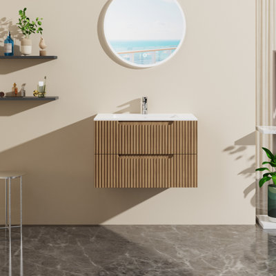 Meuble-lavabo mural de 30 po avec lavabo et tiroirs, noyer, 2 très grands espaces de rangement, système de fermeture en douceur, assemblage de concept moderne, matériau, amplement pour l'essentiel