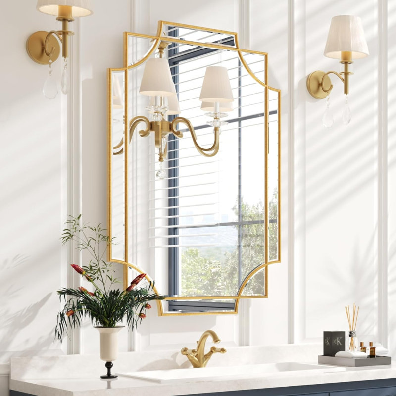 Large Gold Decorative Mirror for Wall, Gold Bathroom Mirror Vanity Wall Mirror Rectangle Mirror Beveled for Master Bath Half Bath Living Room Bedroom Farmhouse Fireplace Hallway