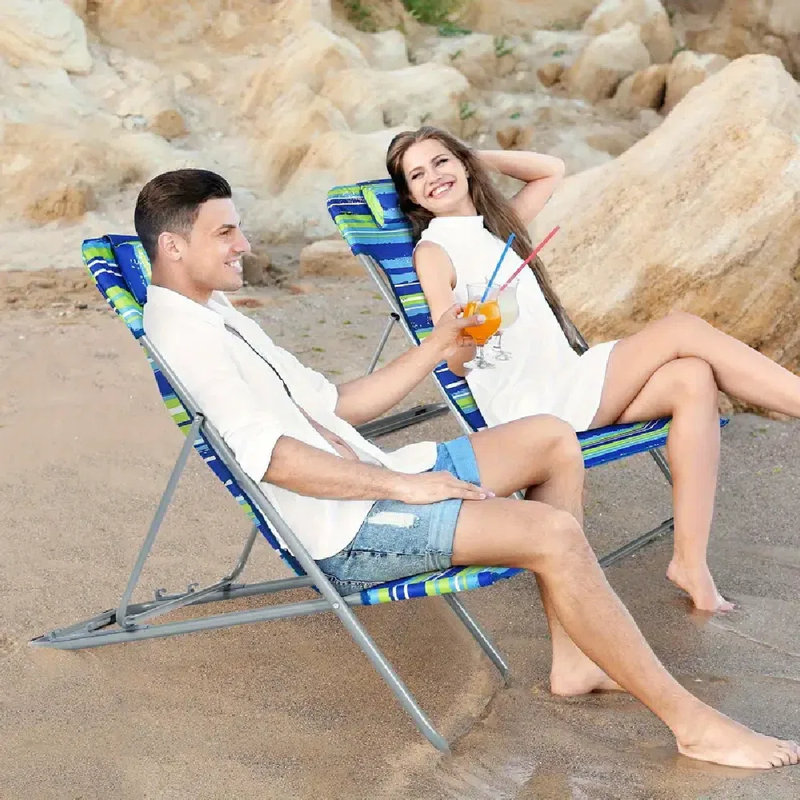 Set Of 2 Portable 3-Position Beach Chairs With Headrest - Blue & White Striped Design, Rotating Swivel Function, Lightweight Durable Frame For Indoor/Outdoor Use, Beach Chair Foldable, Outdoor Relaxation, Striped Design, Sturdy Construction