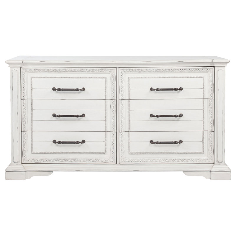 Commode 6 tiroirs, commode de chambre traditionnelle blanche rétro, commode sculptée moulée avec poignées en bronze antique, tiroirs doublés de feutre et plateau à bijoux caché