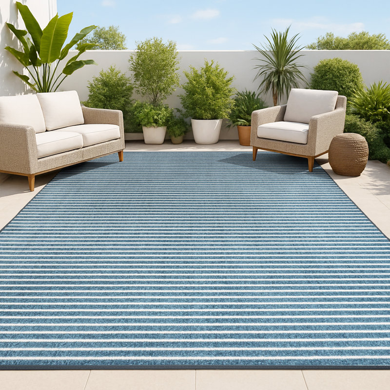 Fincham High-Low Minimalist Scandi Striped Navy/ivory Indoor/Outdoor Rug, Rectangle 7'10" x 10'