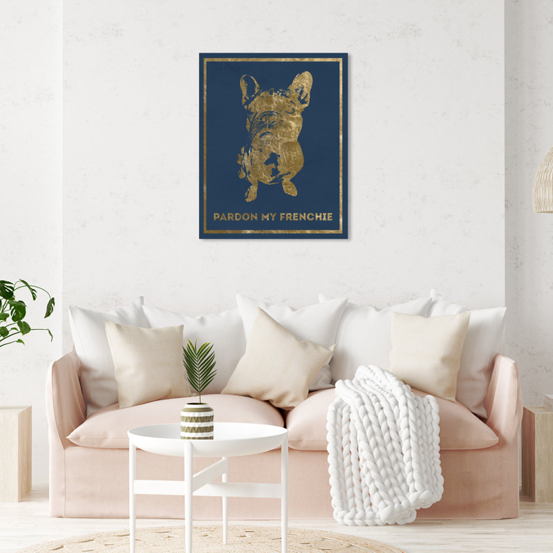 Pardon My Frenchie, élégant bouledogue français moderne, or - peinture, H 24 po x l 20 po, Toile tendue