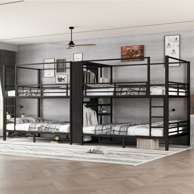 Full Size Quadruple Metal Bunk Bed with Built-In Storage Shelves & Wardrobe, Sturdy Noise-Reduced Frame, Black by Ivy Bronx