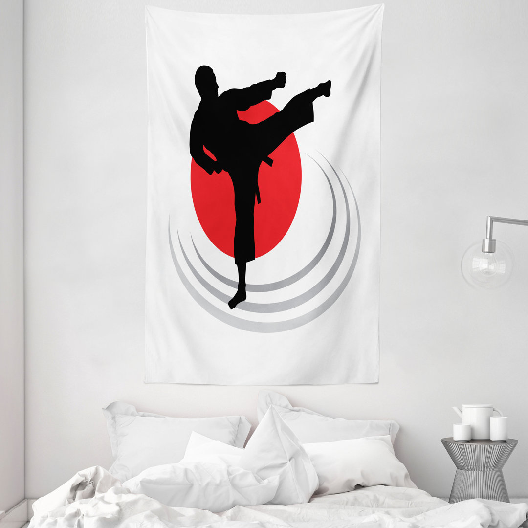 Wandteppich, Mann Karate Kick Silhouette, Schwarz Zinnoberrot