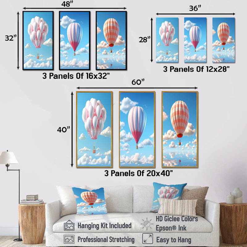 Ensemble de 3 décorations murales Skyhigh Balloon Whimsy - Montgolfière, H 40 po x l 60 po, Cadre flottant noir
