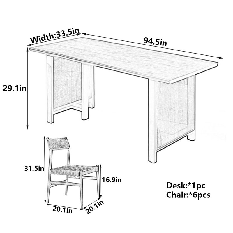 Table de salle à manger Modern, 29.1" H x 94.5" W x 33.5" D, 7 pièces : table, 6 chaises