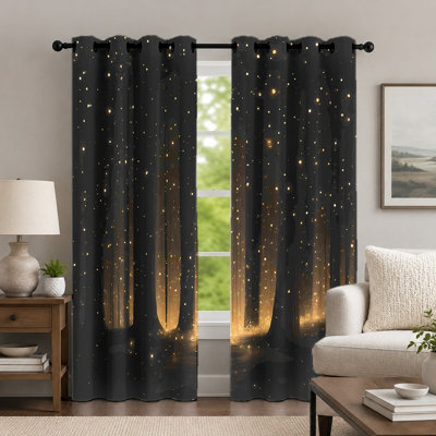 2Pcs Black Forest and Firefly Print Curtains, Night Scene Theme Curtain, Artistic Starry Light Glowing Forest Printed Grommet Drapes, Window Treatment for Bedroom Living Room Decor
