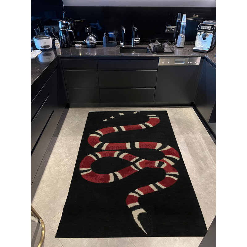 Black-Burgundy Snake-Themed Decorative Woven Base Rug, Rectangle 5'1.02" x 7'6.55"