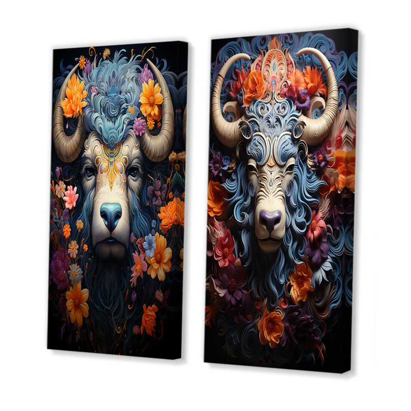 Yaks Cosmic Highlanders - Yaks, ensemble de 2 reproductions d'art sur toile, H 28 po x l 25 po, Toile tendue