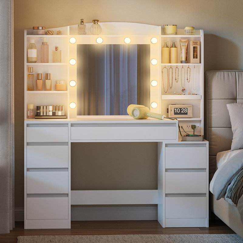 47.2'' Large Vanity Desk with a Mirror, Vanity with LED Light, Makeup Vanity with Power Strip, 8 Drawers and 8 Shelves,Simple, White