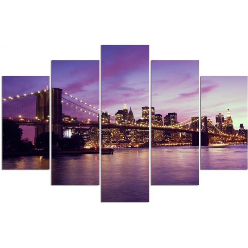 New York Manhattan Sunset - 5 Piece Wrapped Canvas Print, 100cm H x 200cm W